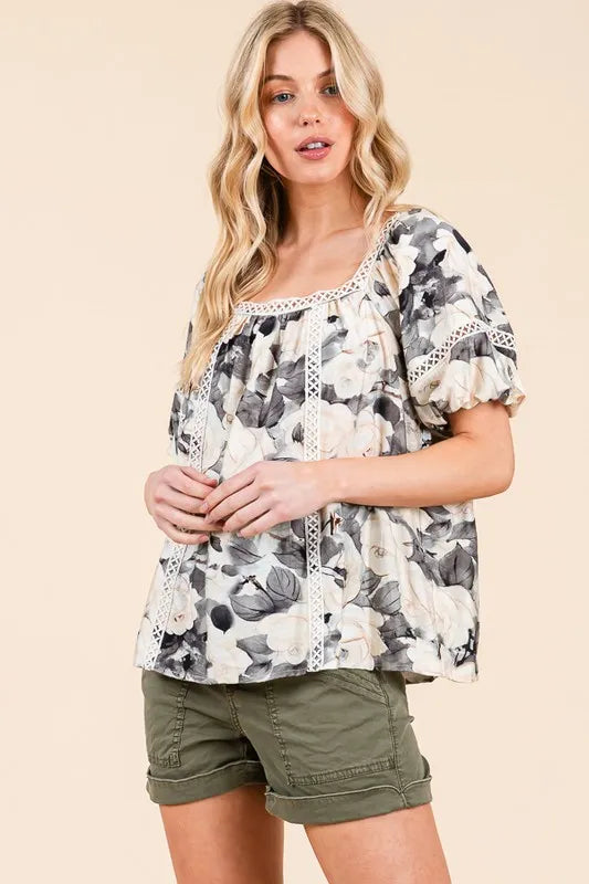 Image of Lime 'N' Chili Floral Print Lace Trim Puff Sleeve Blouse | Queeble.shop