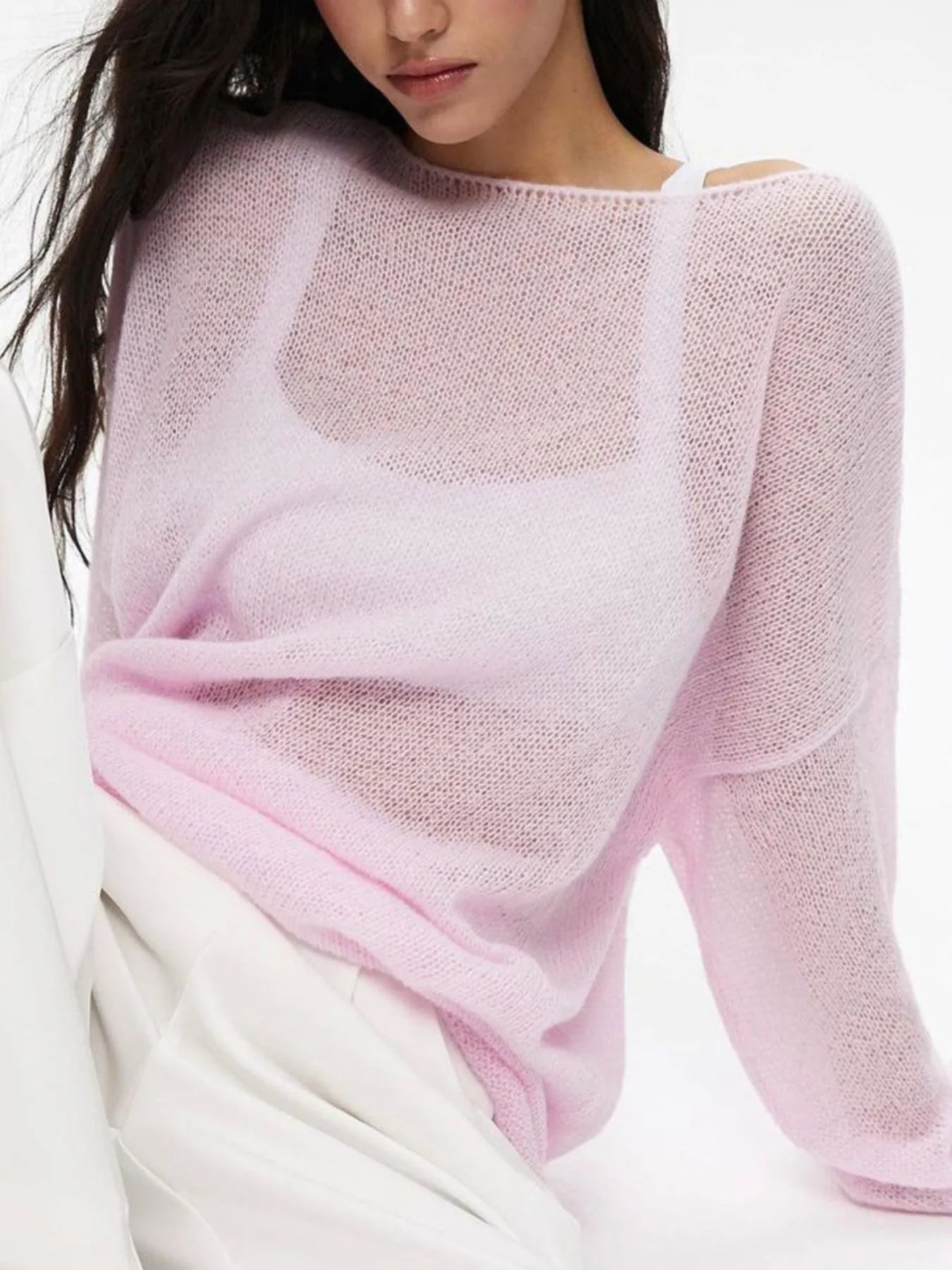 Image of Oversized Drop Shoulder Sheer Knit Top | Queeble.shop