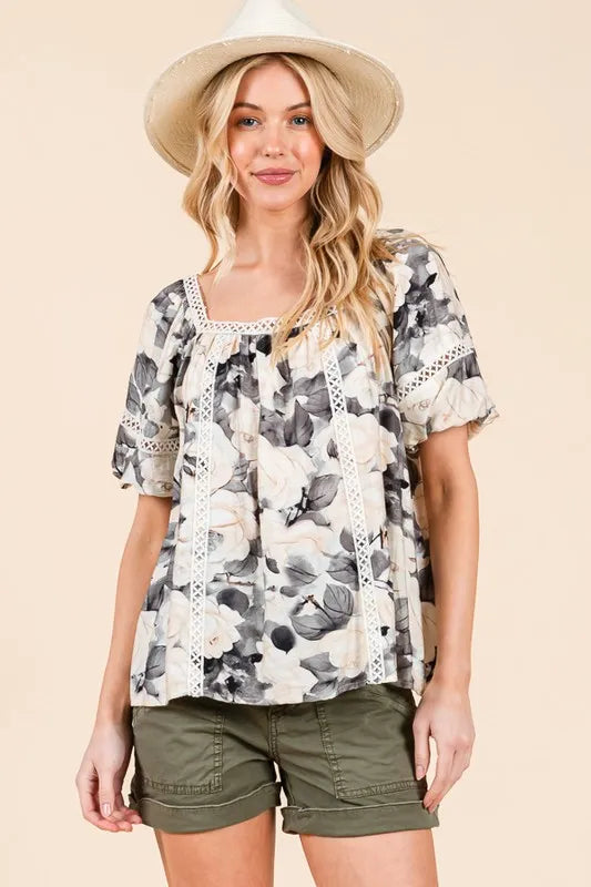 Image of Lime 'N' Chili Floral Print Lace Trim Puff Sleeve Blouse | Queeble.shop