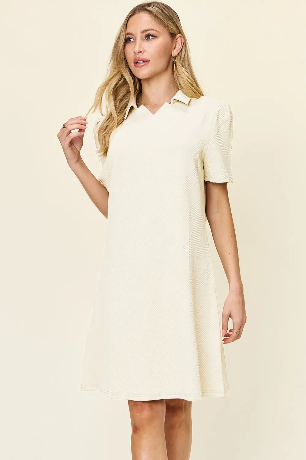 Image of Double Take Full Size Texture Collared Neck Short Sleeve Dress | Queeble.shop