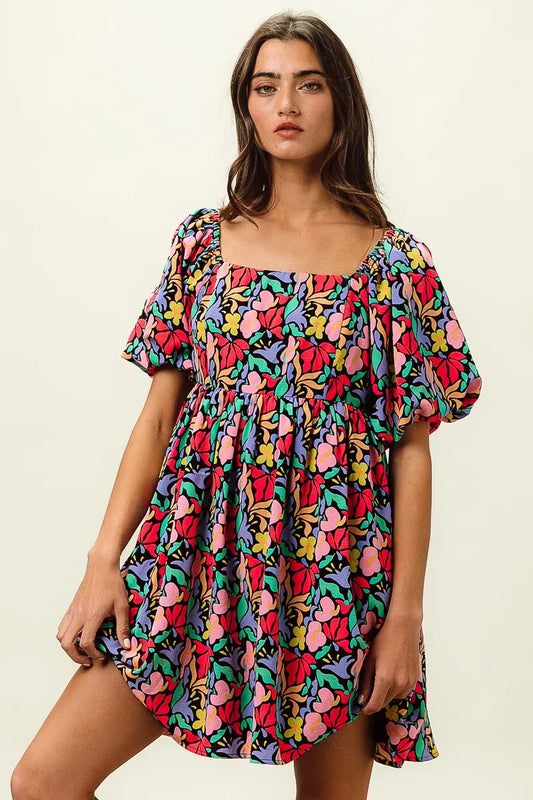 Image of BiBi Floral Print Puff Square Neck Dress | Queeble.shop