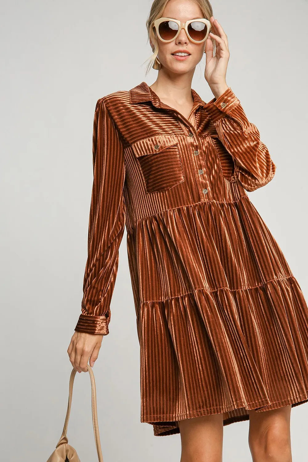Image of Umgee Texture Tiered Collared Long Sleeve Dress | Queeble.shop