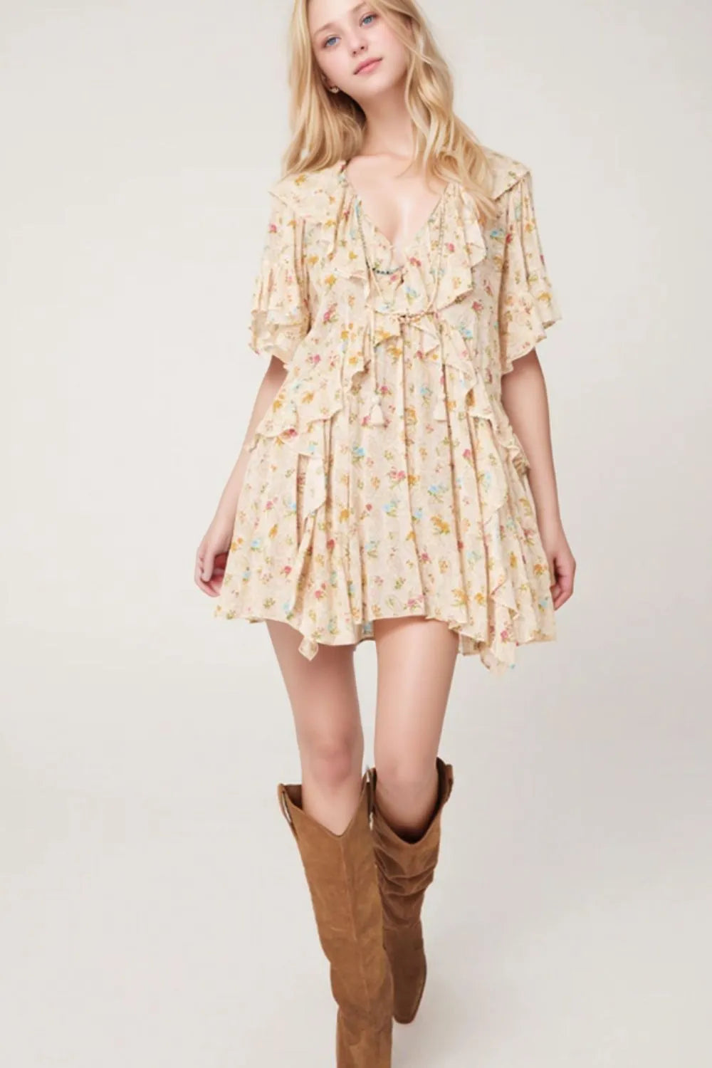 Image of Boho Floral Tassel Tie V Neck Ruffle Wide Sleeve Mini Dress | Queeble.shop