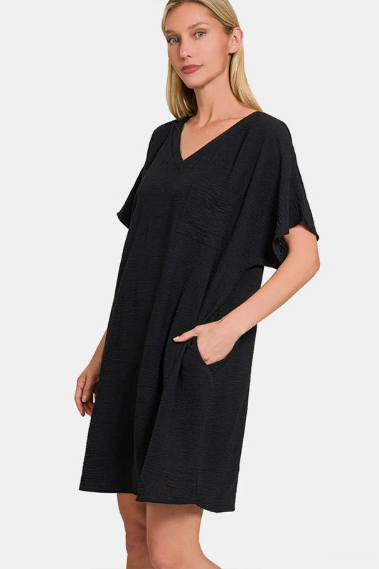 Image of Zenana V-Neck Tee Dress with Pockets | Queeble.shop