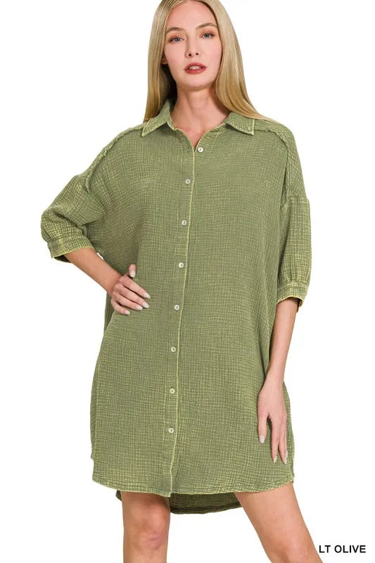 Image of Zenana Washed Double Gauze Button Down Shirt Dress | Queeble.shop