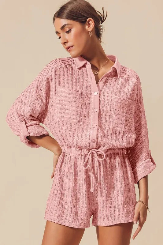 Image of SO ME Textured Knit Button Front Romper | Queeble.shop