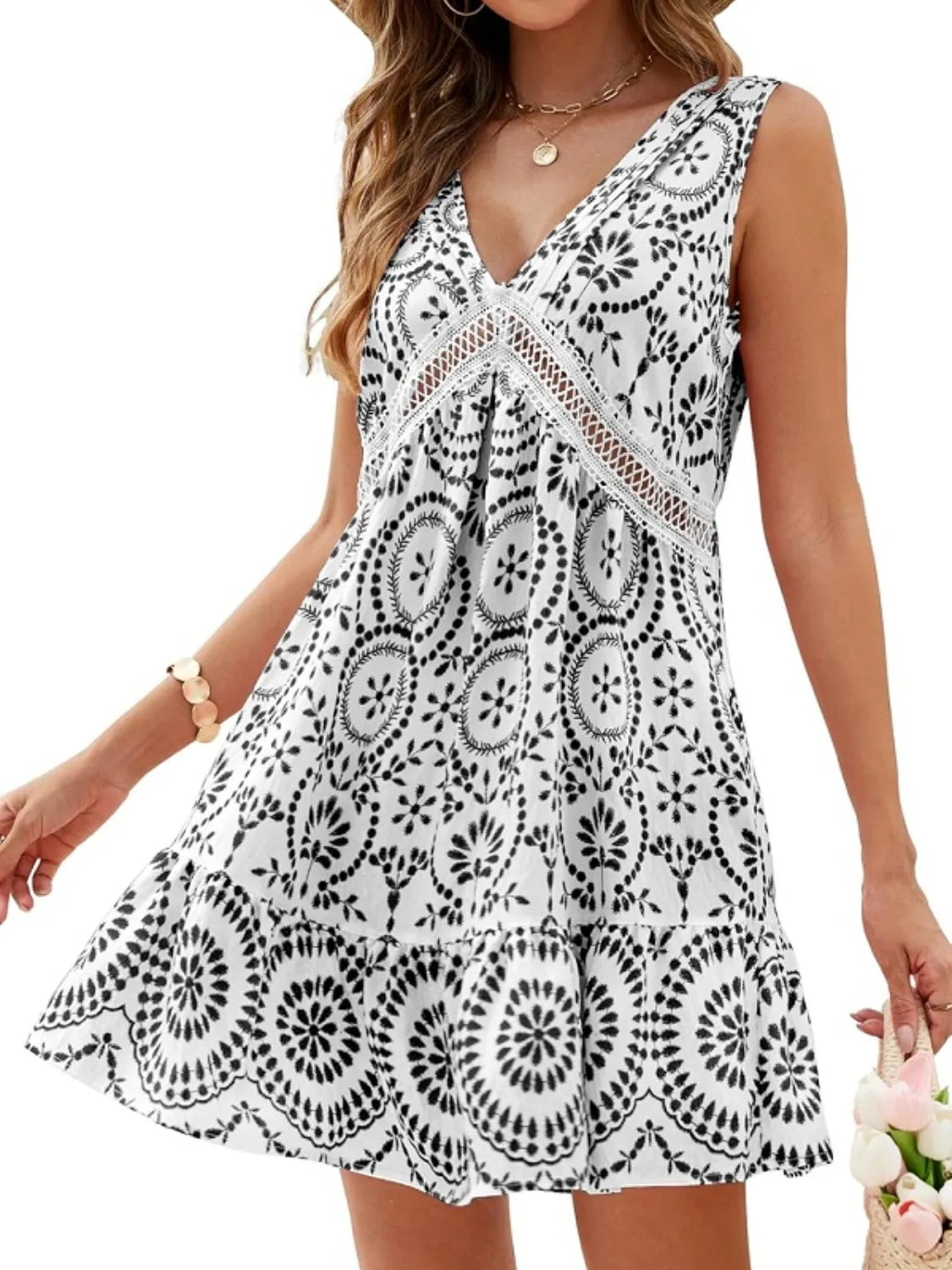 Image of Printed V-Neck Sleeveless Mini Dress | Queeble.shop