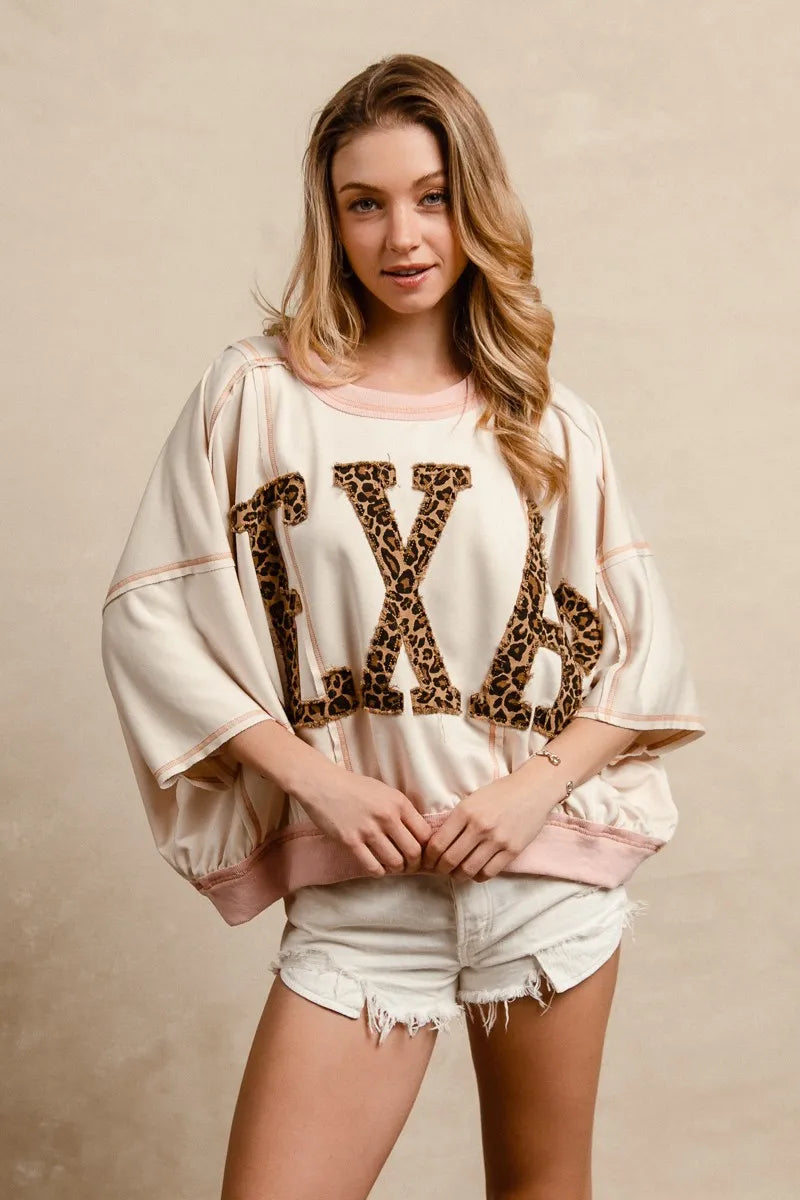 Image of BiBi Leopard Print Texas Patchwork Overlock Stitch Top | Queeble.shop