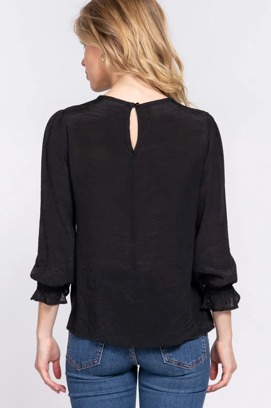 Image of ACTIVE BASIC Crochet Lace Panel Flounce Sleeve Blouse | Queeble.shop