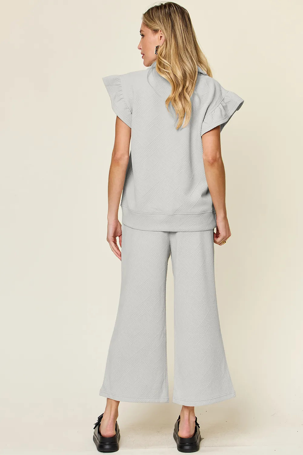 Image of Double Take Texture Ruffle Short Sleeve Top and Drawstring Wide Leg Pants Set | Queeble.shop