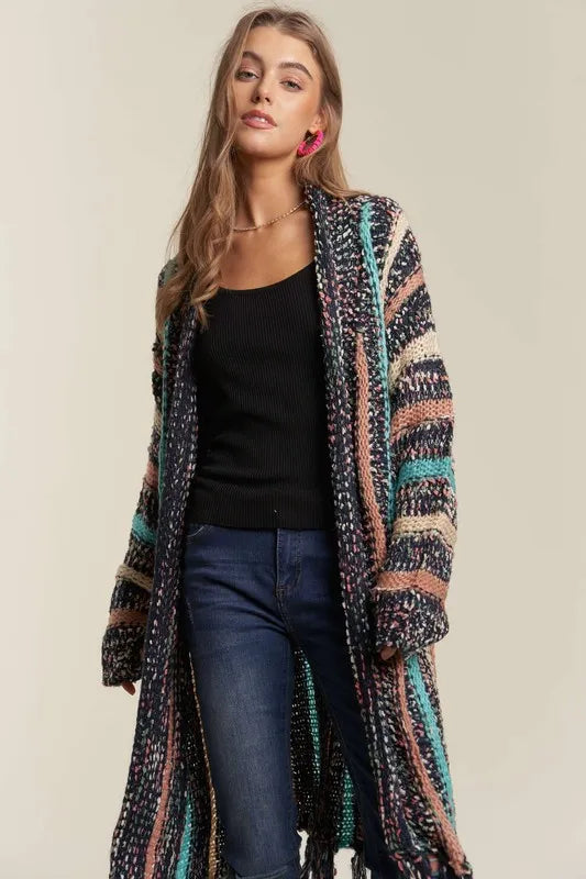 Image of ADORA Multi Colour Sweater Long Cardigan with Fringes | Queeble.shop