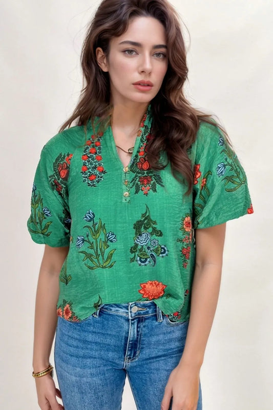 Image of Floral Print Notched Short Sleeve Blouse | Queeble.shop