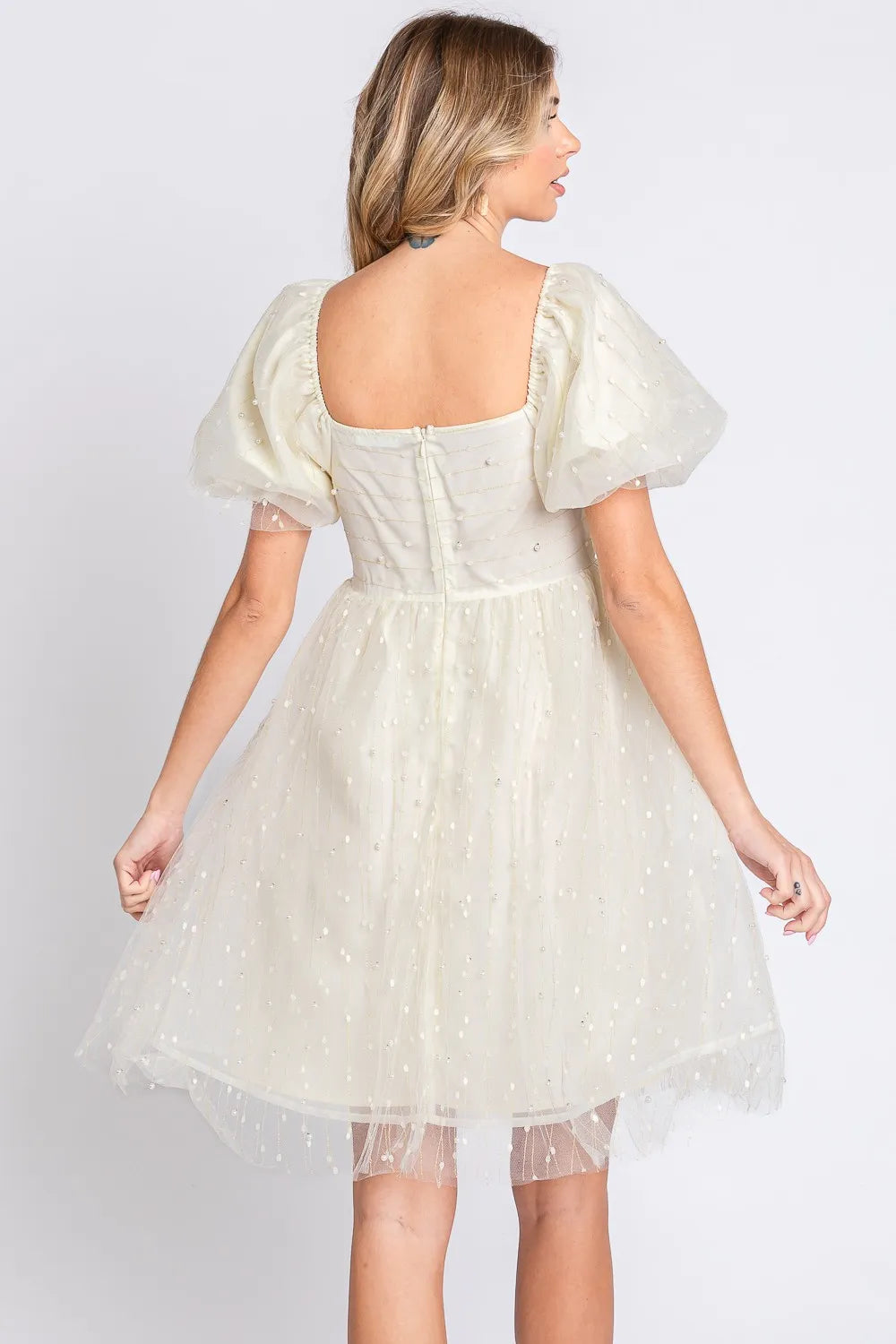 Image of GeeGee Pearl Mesh Puff Sleeve Babydoll Dress | Queeble.shop