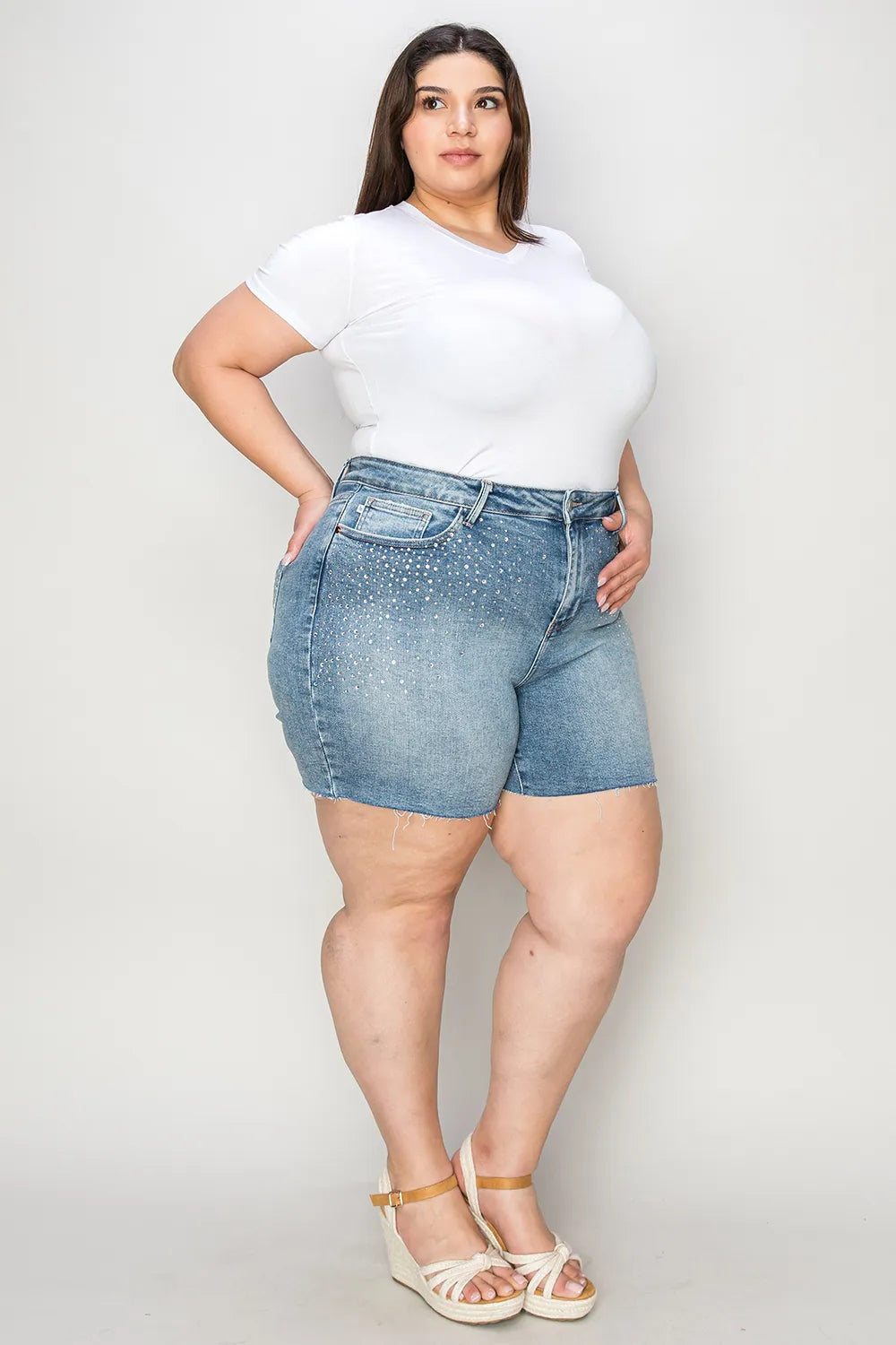 Image of Judy Blue Full Size High Waist Raw Hem Denim Shorts | Queeble.shop