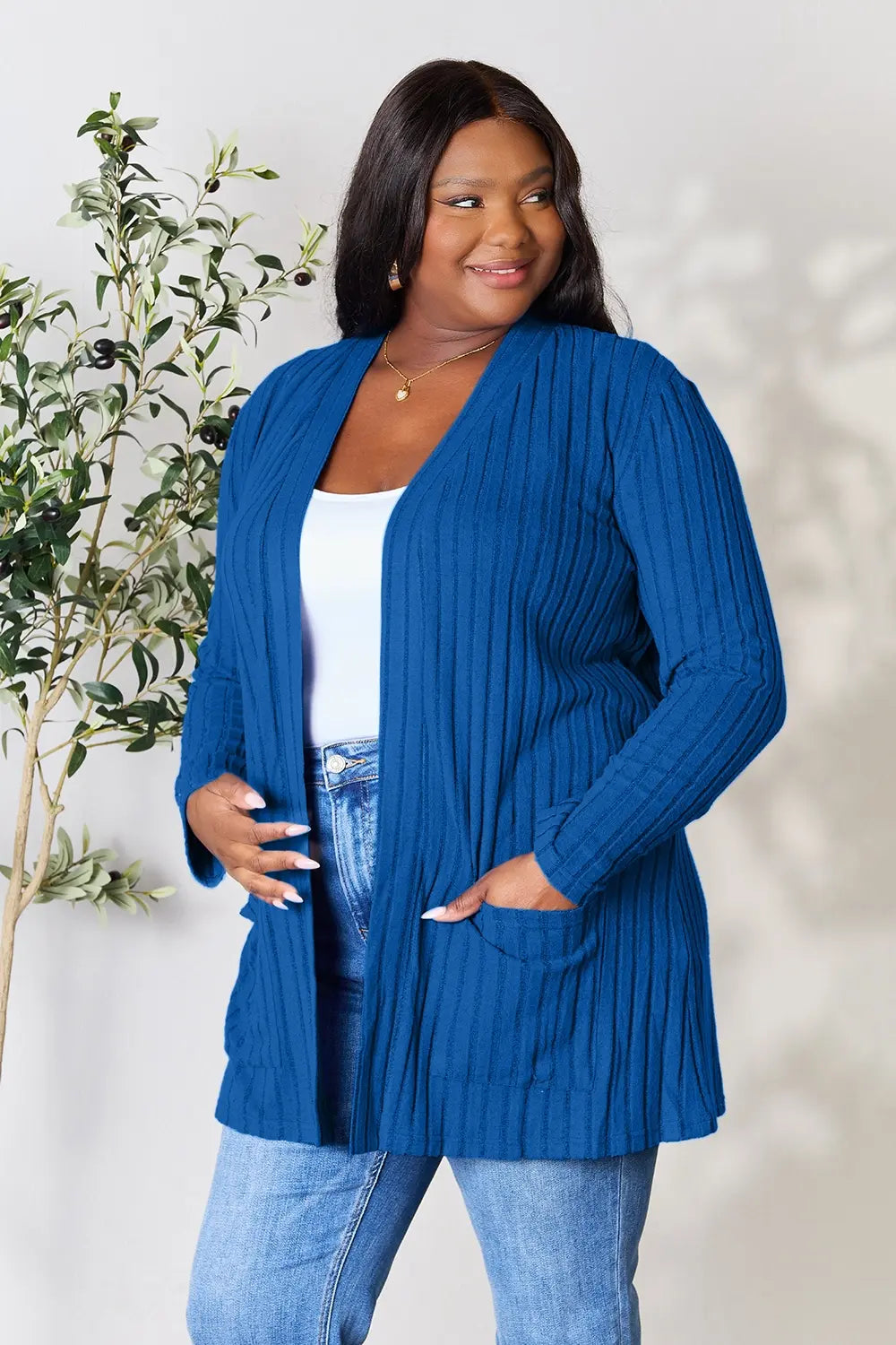 Image of Basic Bae Full Size Ribbed Open Front Cardigan with Pockets | Queeble.shop