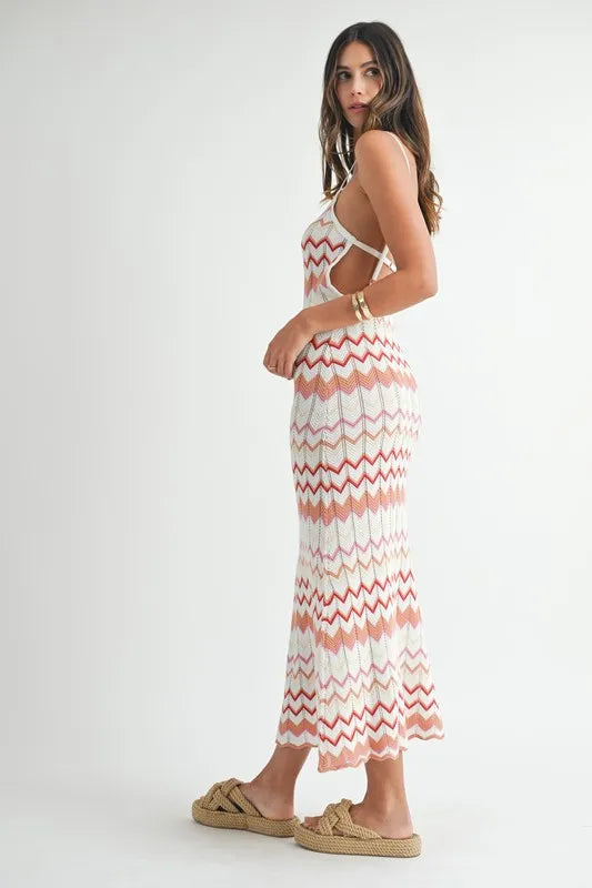 Image of MABLE Lightweight Pointelle Chevron Knit Maxi Dress | Queeble.shop