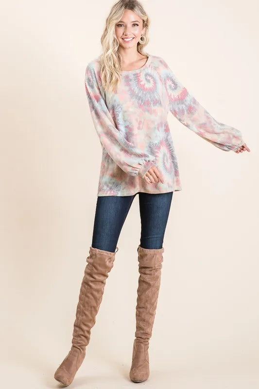 Image of BiBi Brushed Tie Dye Print Top with Puff Sleeves | Queeble.shop
