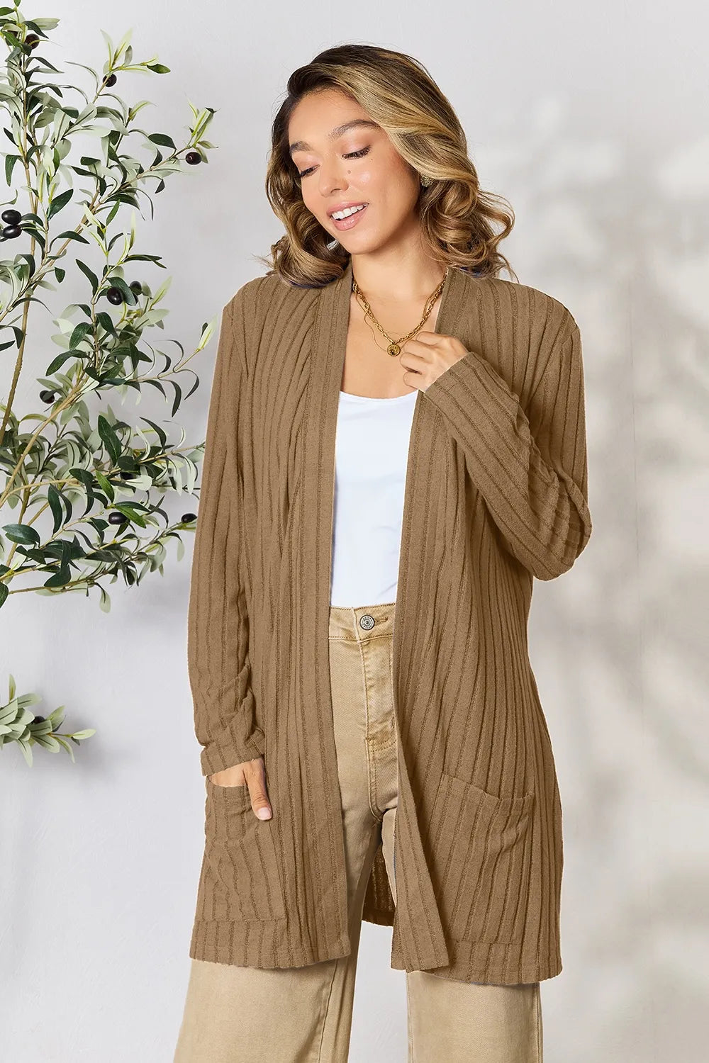 Image of Basic Bae Full Size Ribbed Open Front Cardigan with Pockets | Queeble.shop