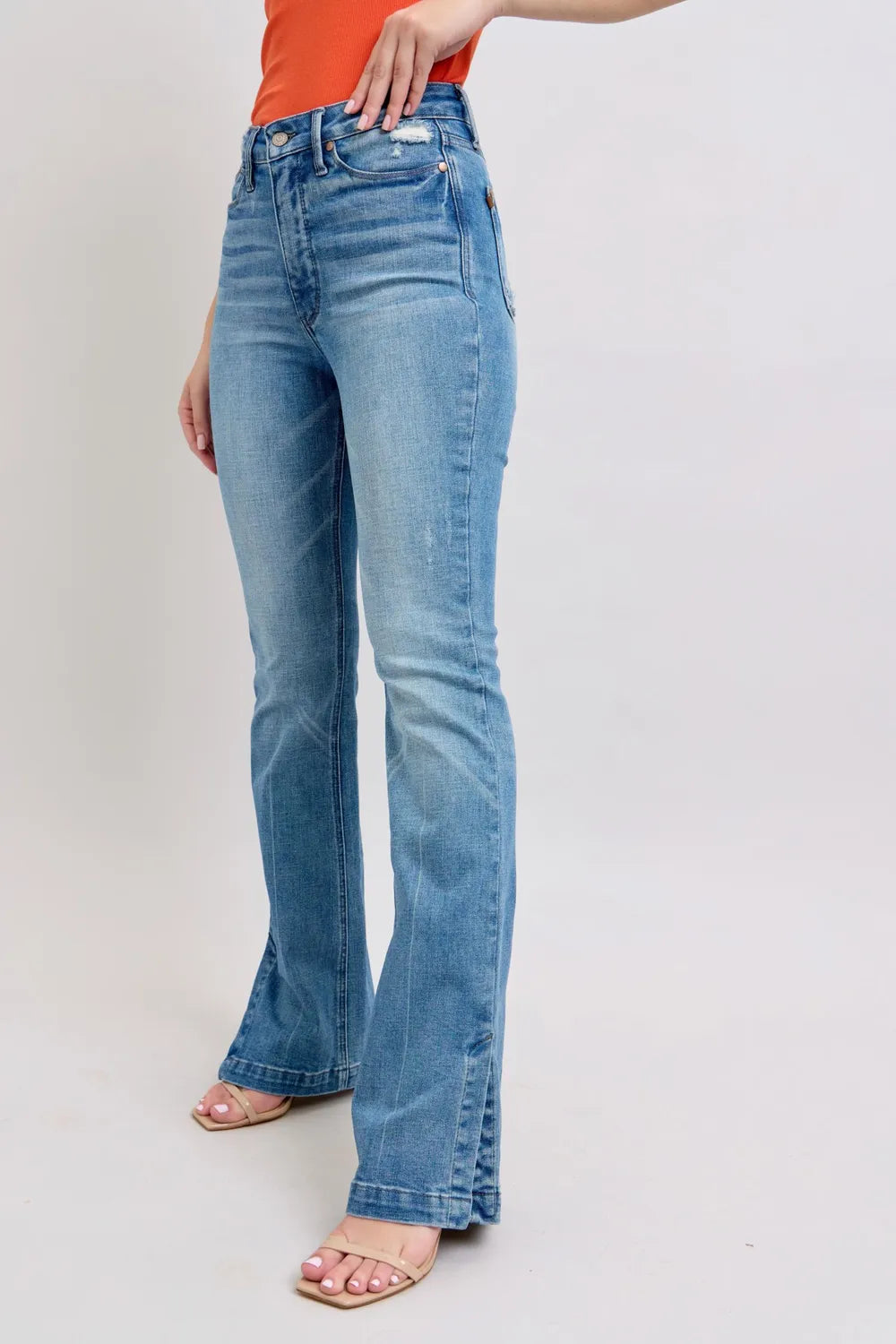 Image of Judy Blue HW Tummy Control Vintage Wash Side Slit Slim Boot Jeans | Queeble.shop