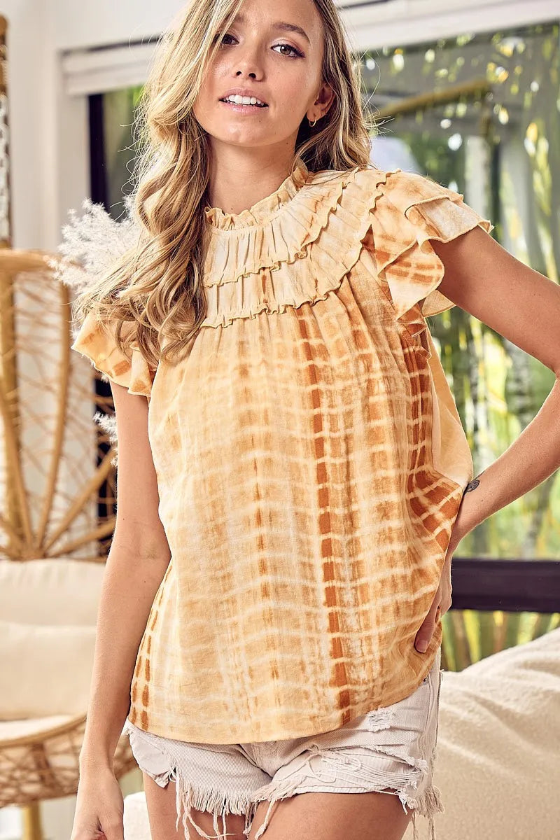 Image of BiBi Tiered Ruffle Neck Tie Dye Top | Queeble.shop