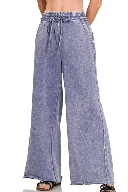Image of Zenana Acid Wash Fleece Palazzo Sweatpants with Pockets | Queeble.shop