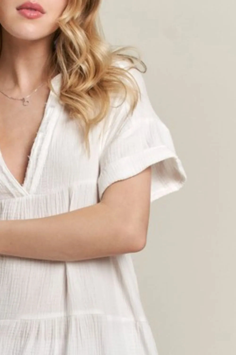 Image of ADORA Tiered Notched Short Sleeve Dress | Queeble.shop