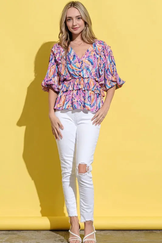 Image of And The Why Printed Lantern Sleeve Blouse | Queeble.shop