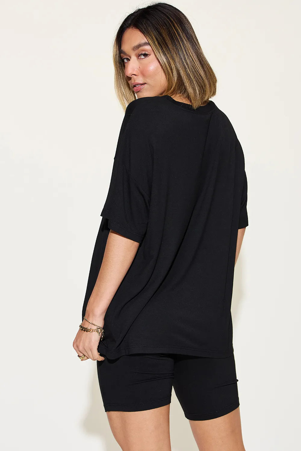 Image of Basic Bae Full Size V-Neck Drop Shoulder T-Shirt and Shorts Set | Queeble.shop