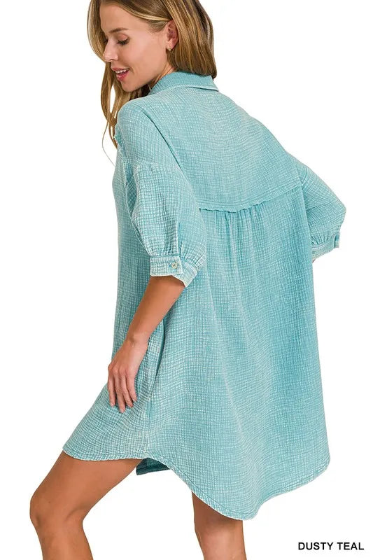 Image of Zenana Washed Double Gauze Button Down Shirt Dress | Queeble.shop