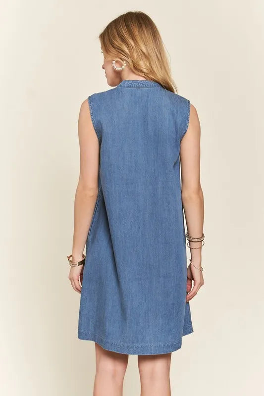 Image of ADORA Notched Sleeveless Denim Dress with Pockets | Queeble.shop