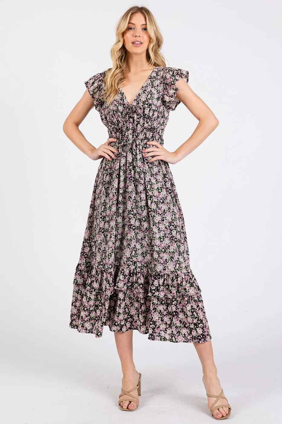 Image of Mittoshop Flower Print Ruffle Cap Sleeve V-neck Midi Dress | Queeble.shop