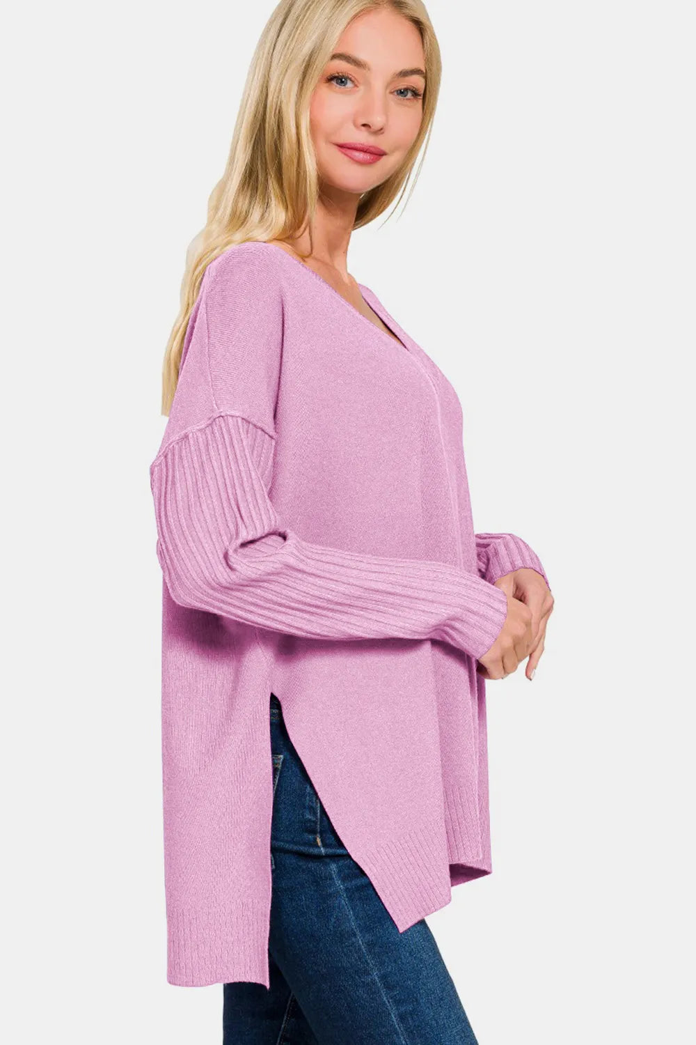 Image of Zenana V-Neck Side Slit High-Low Sweater | Queeble.shop
