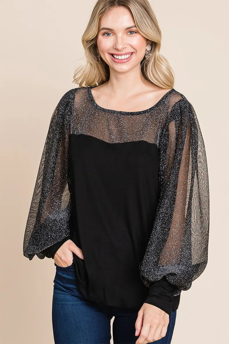 Image of Super Lady Full Size Metallic Mesh Lantern Sleeve Blouse | Queeble.shop