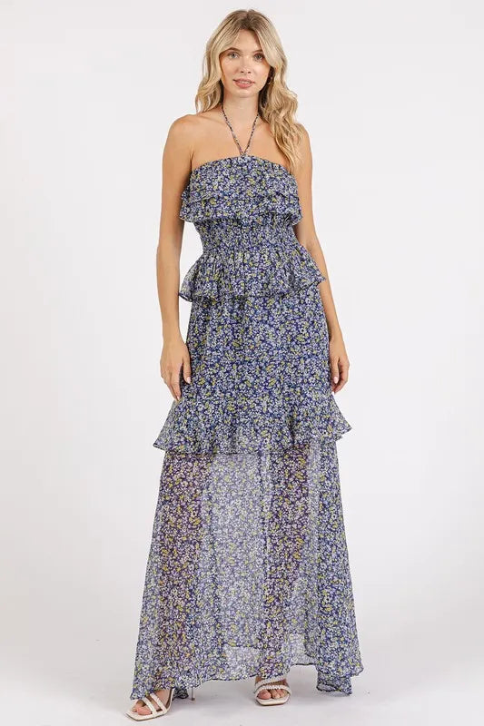 Image of Mittoshop Ruffled Smocked Floral Halter Neck Maxi Dress | Queeble.shop