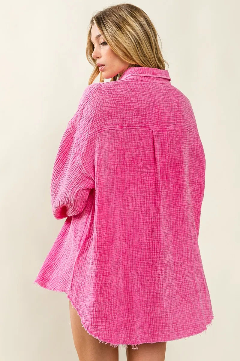 Image of BiBi Raw Edge Detailed Mineral Washed Loose Fit Shirt | Queeble.shop