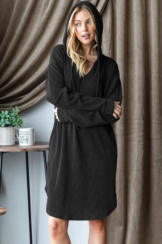 Image of Heimish Ribbed Long Sleeve Hooded Dress | Queeble.shop