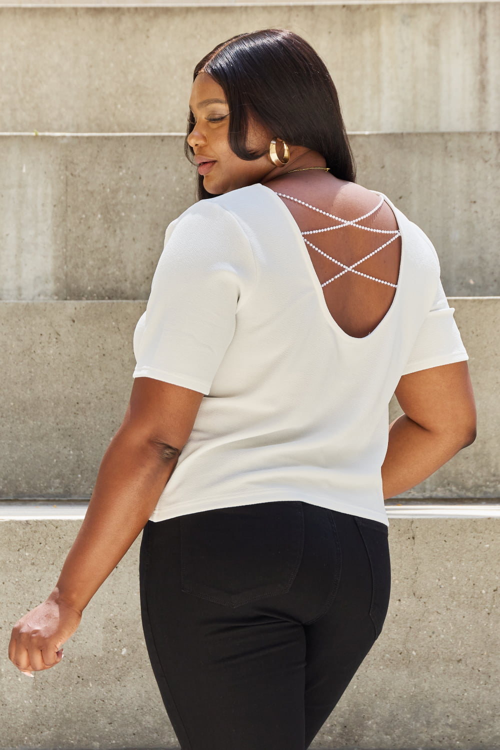 Image of And The Why Pearly White Full Size Criss Cross Pearl Detail Open Back T-Shirt | Queeble.shop