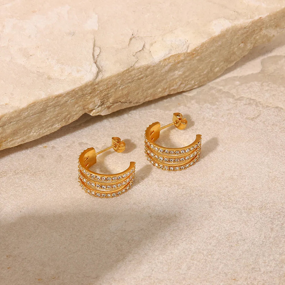 Image of Stainless Steel Inlaid Zircon C-Hoop Earrings | Queeble.shop