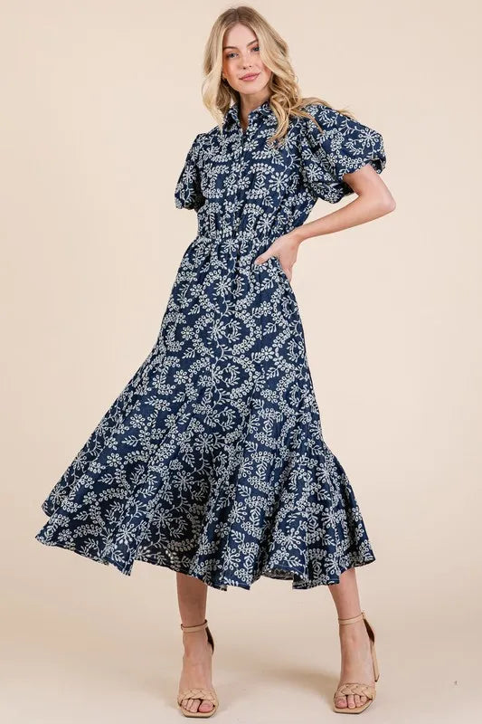 Image of GeeGee Natural Leaf Pattern Eyelet Lace Puff Sleeve Dress | Queeble.shop