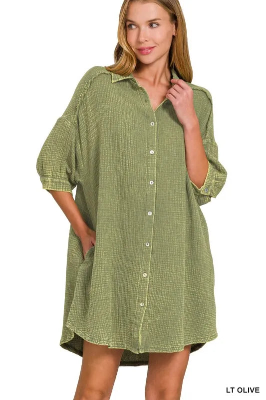 Image of Zenana Washed Double Gauze Button Down Shirt Dress | Queeble.shop