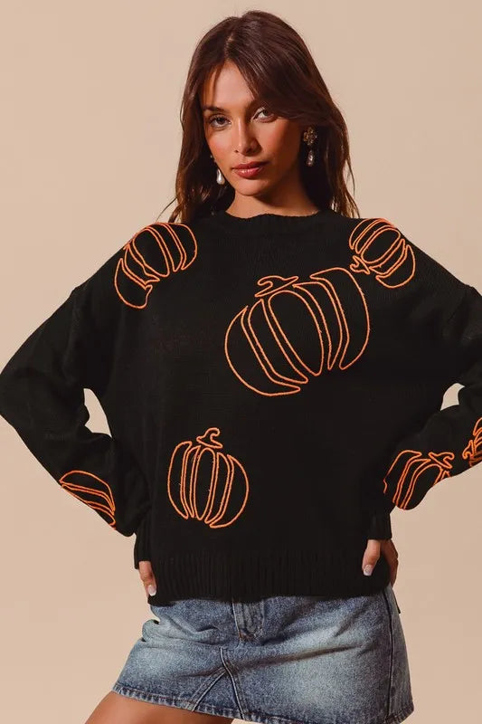 Image of SO ME Pumpkin Embroidered Halloween Thanksgiving Sweater | Queeble.shop