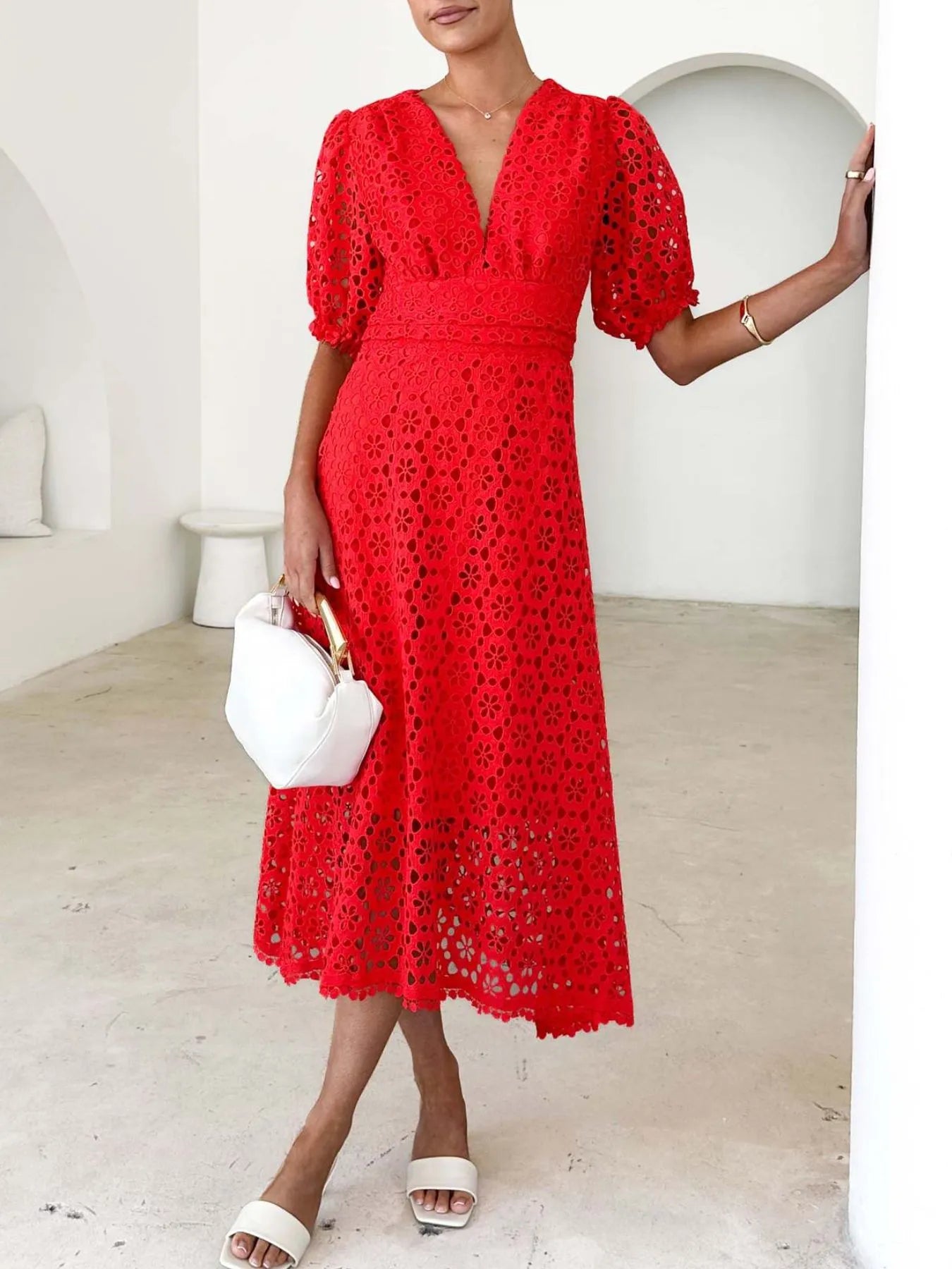 Image of Eyelet Lace V-Neck Midi Dress with Puff Sleeves | Queeble.shop