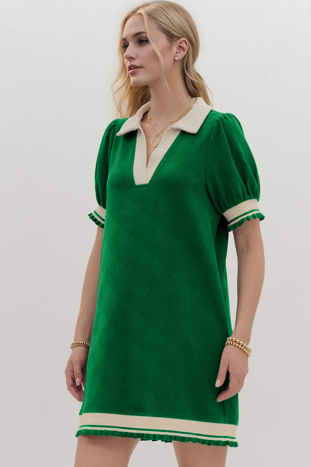Image of Oh Frill Contrast Trim Johnny Collar Short Sleeve Mini Dress | Queeble.shop