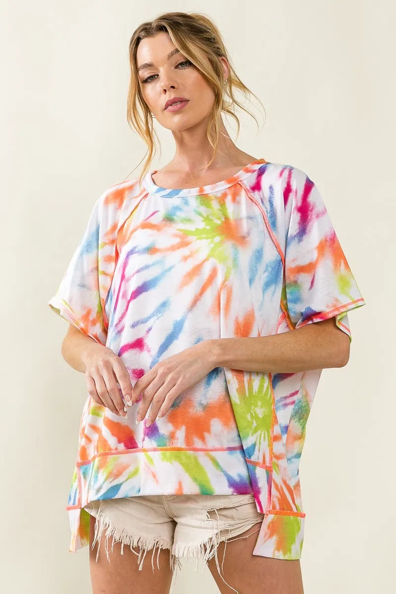 Image of BiBi Tie Dye Print Jersey Stitched Uneven Hem Top | Queeble.shop