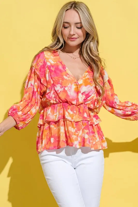 Image of And The Why Ruffled Printed Puff Sleeve Blouse | Queeble.shop