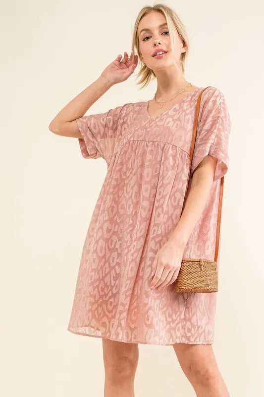 Image of And The Why Woven Leopard Baby Doll Roll-Sleeve Casual Dress | Queeble.shop