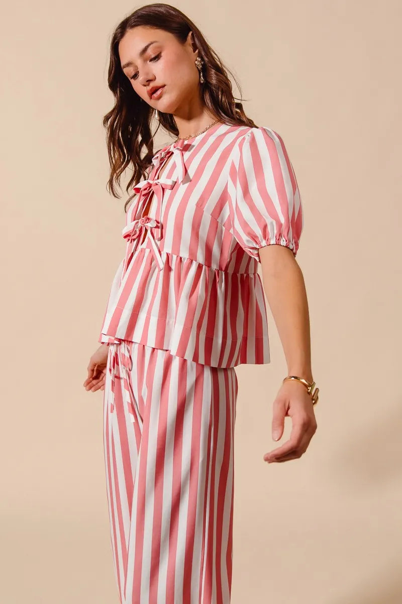 Image of SO ME Front Tie Stripe Top With Puff Sleeves and Wide Leg Pants Set | Queeble.shop