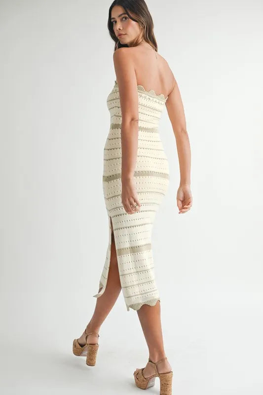 Image of MABLE Contrast Striped Crochet Knit Midi Dress | Queeble.shop