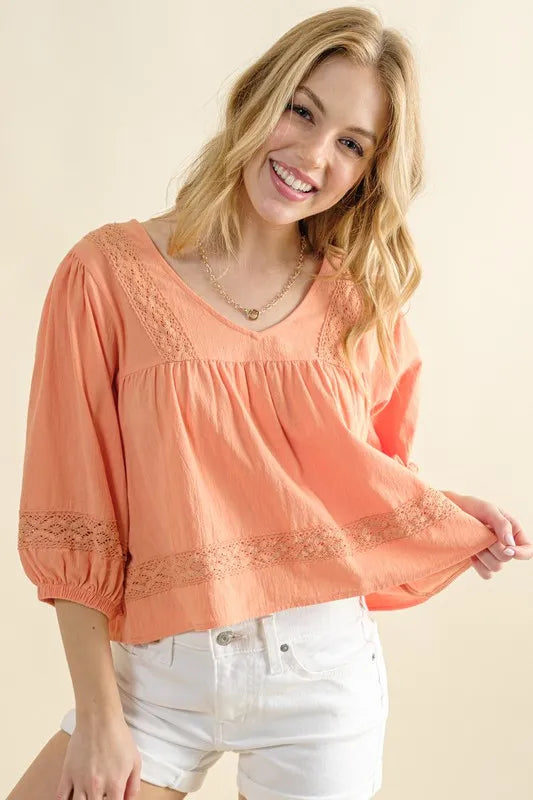 Image of And The Why Lace Detailed V Neck Blouse Top | Queeble.shop