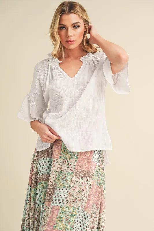 Image of Aemi + Co Side Slit Notched Ruffled Half Sleeve Blouse | Queeble.shop